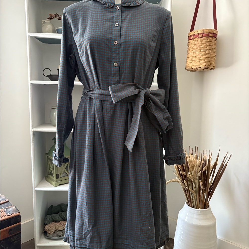 Vintage L.L. Bean Blue Checkered Long Sleeve Dress Cottagecore with Bow & Collar